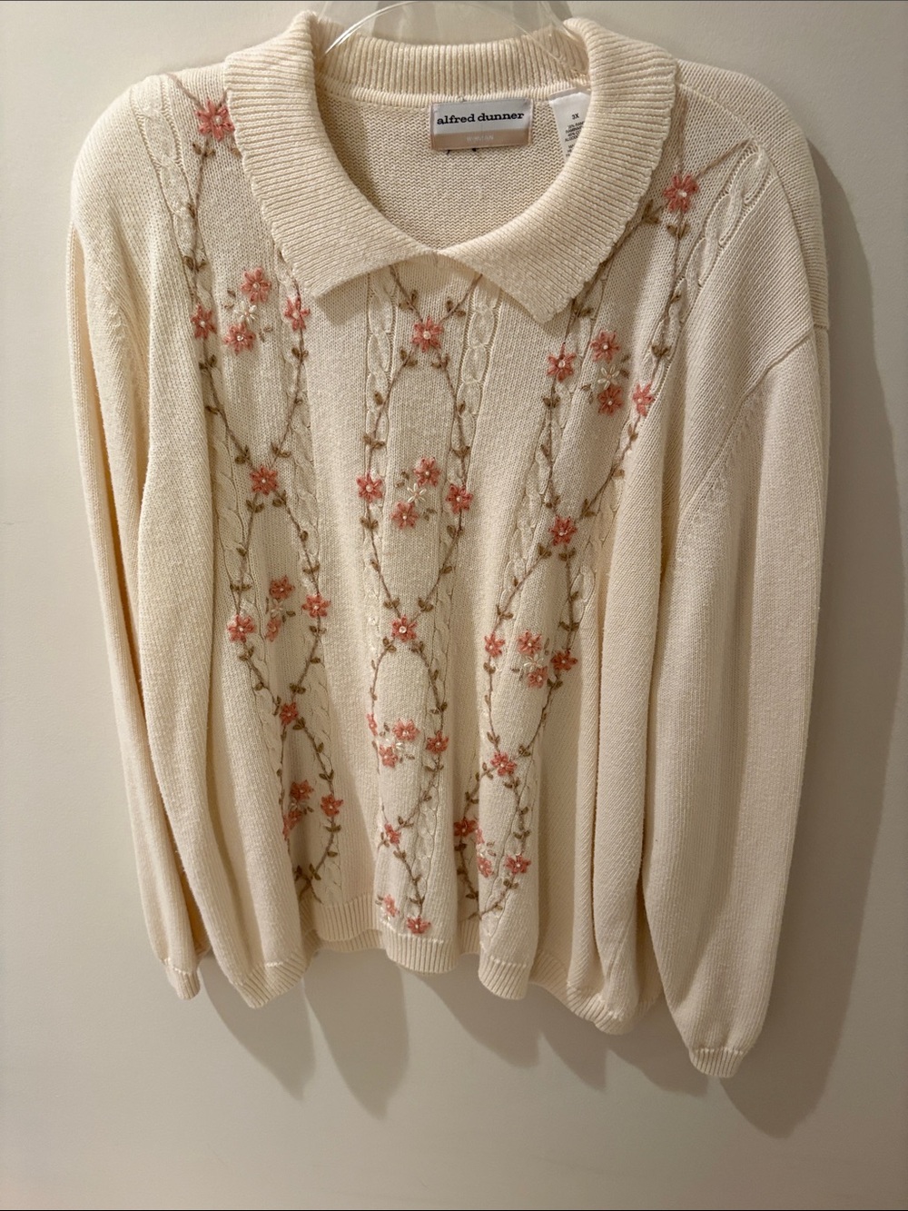 Alfred Dunner Cream Collared Sweater with Pink Floral Embroidery